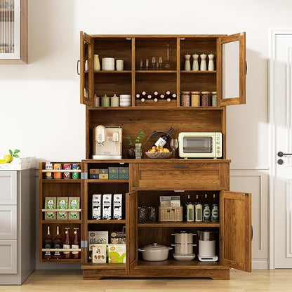 Shintenchi Kitchen Pantry Storage Cabinet, Freestanding Buffet Cabinet with Microwave Stand & 3 Door Shelves, Kitchen Hutch with Doors, Adjustable Shelves and Wine Rack, Brown