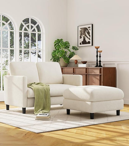 Welzona Loveseat, 51" Small L Shaped Couch, Comfy Teddy Love Seat with Ottoman Set, Tool-Free Setup Loveseat Sofa with Ottoman, All-Wood Small Sofa Couch for Bedroom, Couch for Living Room, Beige
