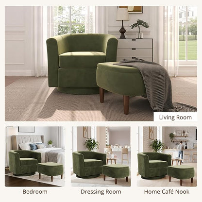 Swivel Accent Chair with Storage Ottoman Set of 2, Modern Velvet Barrel Chair, Upholstered Armchair with Footrest for Living Room/Reading/Bedroom, 25.4'' D x 28.35'' W x 24.4'' H, Green