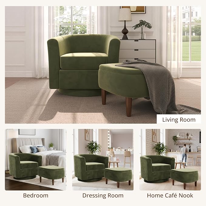 Swivel Accent Chair with Storage Ottoman, Modern Velvet Barrel Chair, Upholstered Armchair with Footrest for Living Room/Reading/Bedroom, 25.4'' D x 28.35'' W x 24.4'' H, Green
