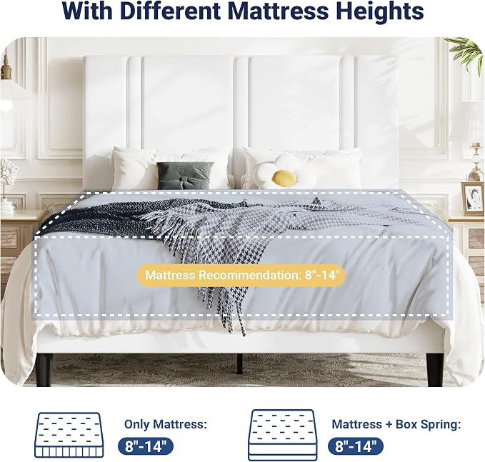 Allewie Queen Platform Bed Frame with Adjustable Headboard, Plush Velvet Upholstered, Vertical Channel Tufted, Sturdy Wooden Slats, No Box Spring Needed, Easy Assembly, White