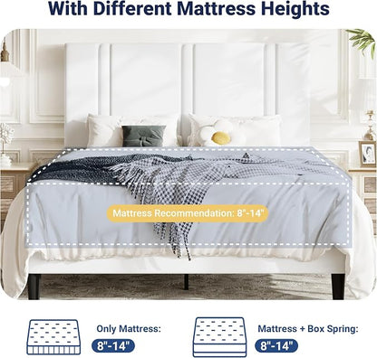 Allewie Full Size Platform Bed Frame with Adjustable Headboard, Plush Velvet Upholstered, Vertical Channel Tufted, Sturdy Wooden Slats, No Box Spring Needed, Easy Assembly, White