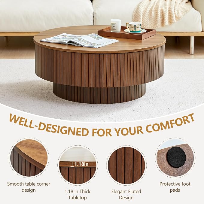 33" Round Coffee Table with Lift-Top & Flip-Top Storage, Modern Accent Fluted Coffee Tables with Metal Frame, Wooden Circle Center Table for Living Room Small Space Apartment Office (Walnut)