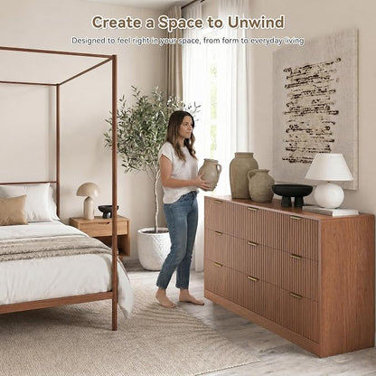 9 Drawer Dresser for Bedroom, 63" Wide Modern Fluted Chest of Drawers, Wooden Dresser with Gold Metal Handles, Mid Century Large Dresser TV Stand for Living Room Hallway Light Walnut