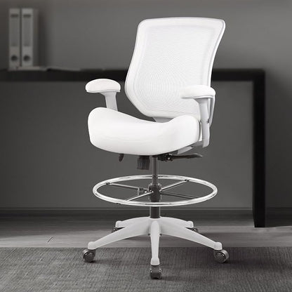 BOLISS 400lbs Mesh Ergonomic Office Drafting Chair Big Adjustable Foot Ring Height Adjustable Armrest (Wht)