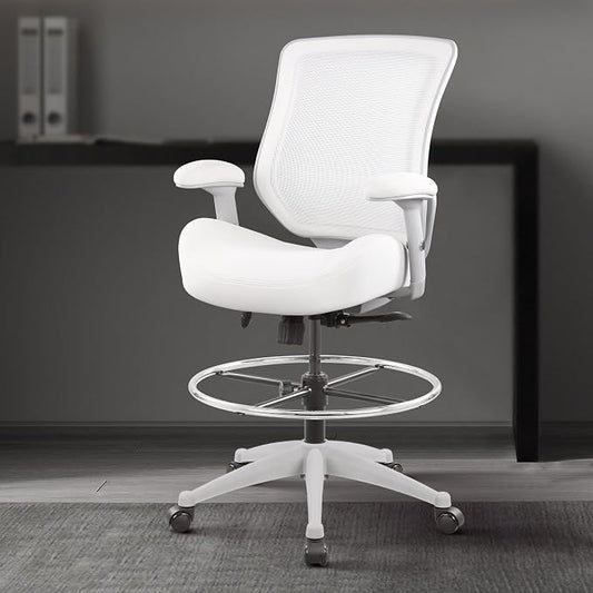 BOLISS 400lbs Mesh Ergonomic Office Drafting Chair Big Adjustable Foot Ring Height Adjustable Armrest (Wht)