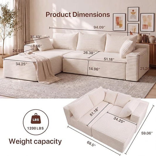 Claiks 94" Boneless Couch, Cloud Couch Sectional, L-Shape Corduroy Modular Sectional Sofa Deep Seat, Upholstered Couches for Living Room, No Assembly Required, Beige