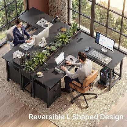 Gizoon 66 Inch L Shaped Desk with Power Outlets & Large Drawers, Reversible Corner Gaming Desk, Home Office Computer Workstation with CPU Stand, Black