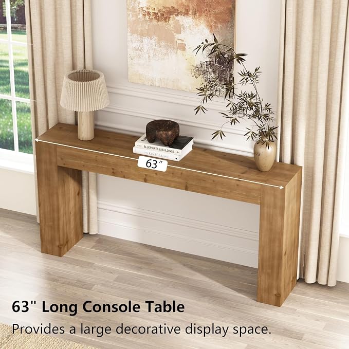 Solid Wood Console Table for Entryway, 63" Long Farmhouse Sofa Table Behind Couch, Rustic Rectangular Wooden Entry Tables for Living Room, Hallway, Foyer, 10 Mins Easy Assembly