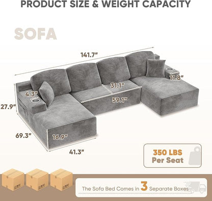 Homall 142" Boneless Couch, Modular Sectional Sofa, No Assembly Required, Memory Foam Filling, Corduroy U-Shaped Sofa, Movable Multi-Person Couch for Living Room (Grey)