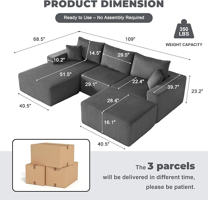 Weture 108” Modular Sectional Couches, Modern Modular U-Shape Sofa with Chaise, Cloud Sectional Couch with Deep Seat, Upholstered Boneless Sofa for Living Room (Corduroy, Gray)