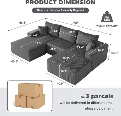 Weture 108” Modular Sectional Couches, Modern Modular U-Shape Sofa with Chaise, Cloud Sectional Couch with Deep Seat, Upholstered Boneless Sofa for Living Room (Corduroy, Gray)
