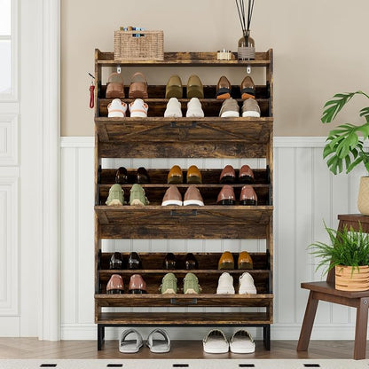 BORNOON Shoe Cabinet with 3 Flip Drawers Narrow Shoe Storage Cabinet Organizer Wooden Freestanding Shoe Rack Hidden Slim Shoes Storage Cabinet for Entryway, Hallway, Living Room, Bedroom