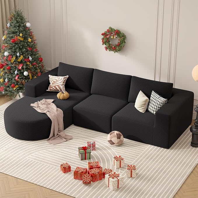 L-Shaped Boneless Couch,104" Couches for Living Room with Curved Chaise,Modular Sectional Sofa with Deep Seat,Modern Cozy Cloud Compression Sofas,No Assembly Required(Black) 1PCS