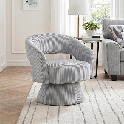 Lexicon 360 Degree Swivel Accent Chair, Modern Comfy Corduroy Round Barrel Chair, Open Back, Plush Foam Cushions, Metal Swivel Base for Living Room/Bedroom/Office/Small Spaces, Gray