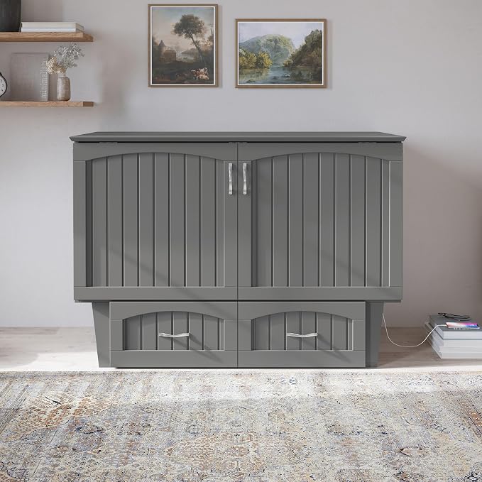 AFI, Nantucket Full Size Murphy Bed Chest with Mattress, Storage Drawer and Built-in USB Charger, Grey