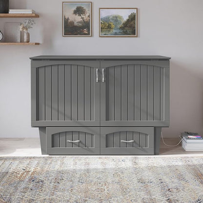 AFI, Nantucket Full Size Murphy Bed Chest with Mattress, Storage Drawer and Built-in USB Charger, Grey
