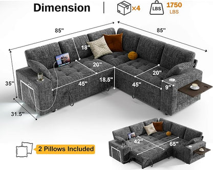Vipbear 86" Modular Sectional Sleeper Sofa with Pull Out Bed, 5 Seat Chenille L Shaped Couch with USB Ports|Cup Holders|Side Table|Storage Loveseat, Tool Free Assembly, Grey