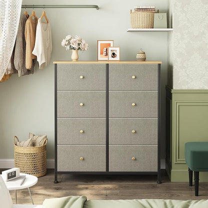 OLIXIS 8 Drawer Storage Dresser with Wood Top - Wide Fabric Chest Organizer for Bedroom, Closet, Living Room,Tower Cabinet, TV Stand, Hallway Entryway Furniture,Dark Green