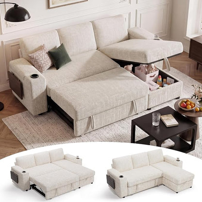 Vipbear Premium 86" Modular Sectional Sleeper Sofa, 3 Seat Chenille Sofa with Pull Out Bed, L Shaped Couch with Storage Chaise & Armrests|USB Ports|Cup Holders|Side Table, White