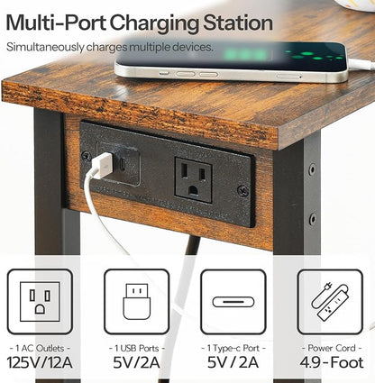 HOOBRO Narrow Side Table, 2-Tier Slim End Table with Charging Station, Skinny Nightstand with Open Storage, for Small Spaces, Living Room, Bedroom, Study, Rustic Brown and Black BF240UBZ01