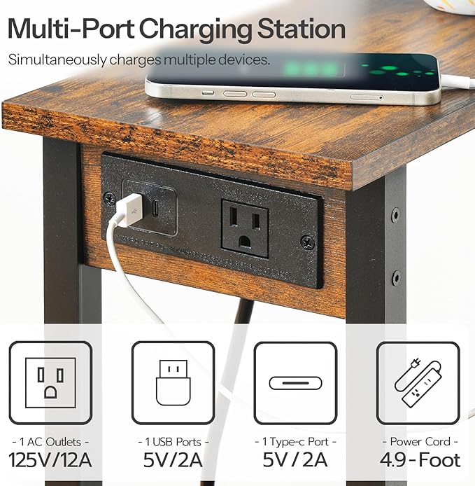 HOOBRO Narrow Side Tables, Set of 2, 2-Tier Slim End Tables with Charging Station, Skinny Nightstands with Open Storage, for Small Spaces, Living Room, Bedroom, Rustic Brown and Black BF240UBZP201