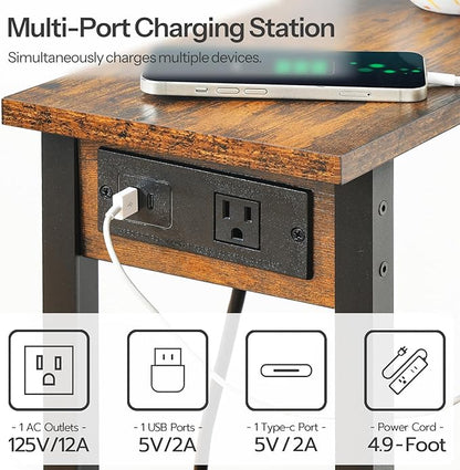 HOOBRO Narrow Side Tables, Set of 2, 2-Tier Slim End Tables with Charging Station, Skinny Nightstands with Open Storage, for Small Spaces, Living Room, Bedroom, Rustic Brown and Black BF240UBZP201