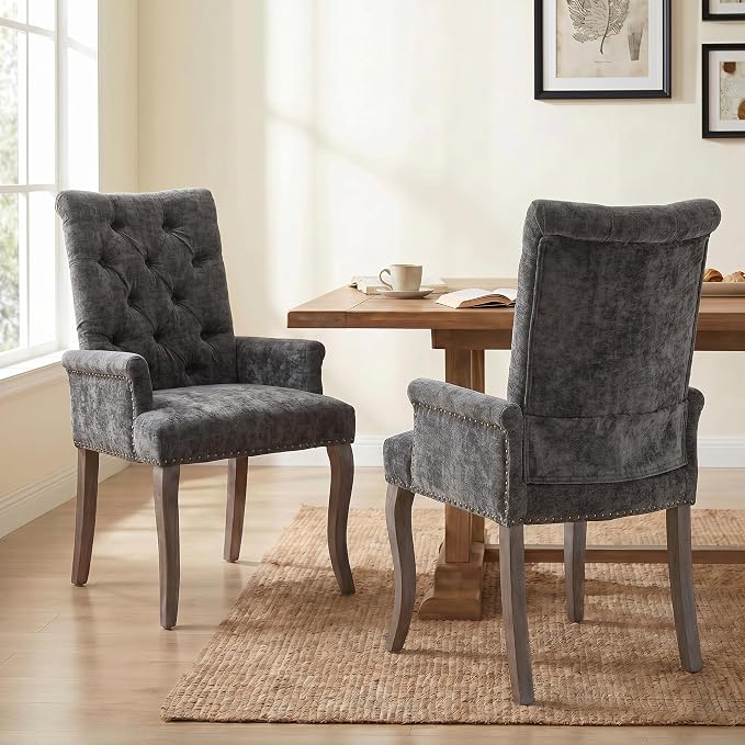 Upholstered Dining Chairs with Arms Set of 2, Gray, 2 Pack | Tufted Chenille Kitchen Chairs with Arms, Modern Farmhouse Armchair with Nailhead Trim for Dining Room, Home Office