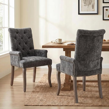Upholstered Dining Chairs with Arms Set of 2, Gray, 2 Pack | Tufted Chenille Kitchen Chairs with Arms, Modern Farmhouse Armchair with Nailhead Trim for Dining Room, Home Office