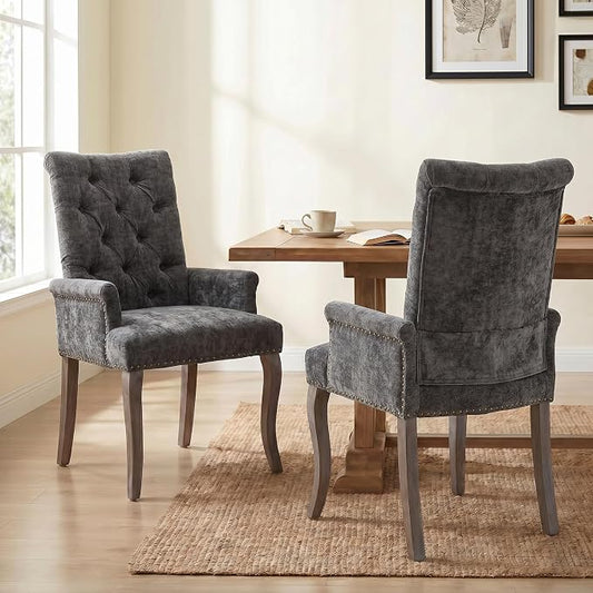Upholstered Dining Chairs with Arms Set of 2, Gray, 2 Pack | Tufted Chenille Kitchen Chairs with Arms, Modern Farmhouse Armchair with Nailhead Trim for Dining Room, Home Office