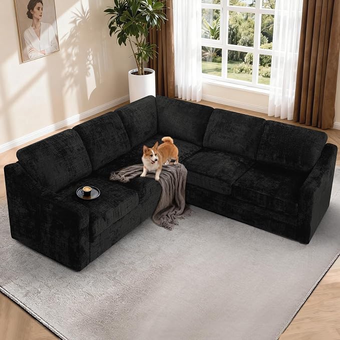 89" Chenille Sectional Sofa with High Density Sponge, Modern 5 Seats Corner Couch with Deep Seat, Comfy Modular L Shaped Couch with Comfortable Back Cushions for Living Room, Black