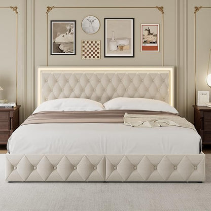 Keyluv Full Size LED Bed Frame with 4 Storage Drawers and Adjustable Headboard, Velvet Upholstered Button Tufted Modern Platform Bed, Solid Wooden Slats Support, Easy Assembly, Beige