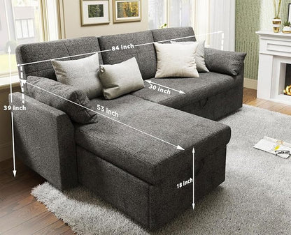 PaPaJet Sofa Bed, Sleeper Sofa with Storage Chaise, L Shaped Sofa with Pull Out Bed, Oversized Sofas for Living Room, Gray