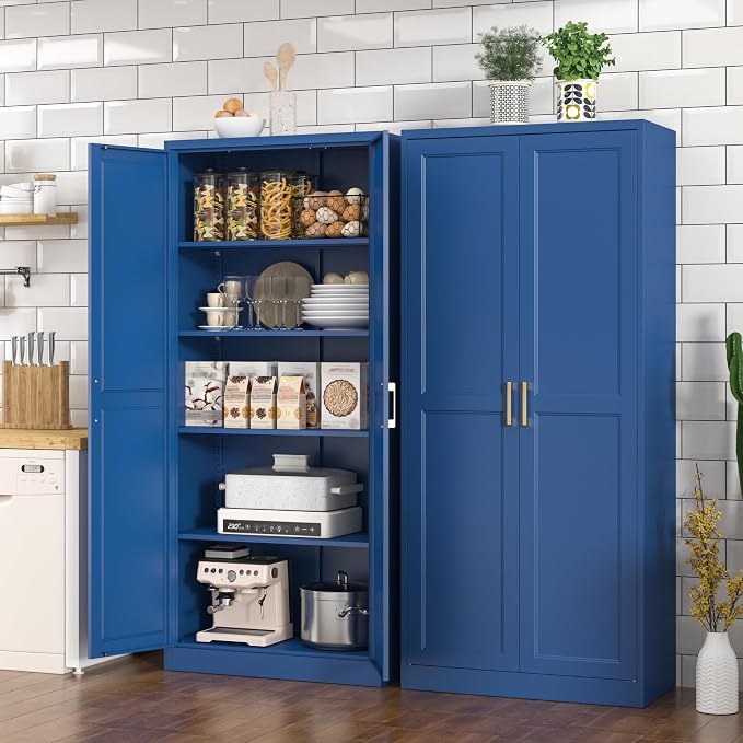 Polup Kitchen Pantry Cabinet, 71 Inch Tall Metal Pantry Cabinet with Doors and Adjustable Shelves, Freestanding Food Cupboard, Storage Cabinets for Dining, Living Room, Navy Blue, Assemble Required