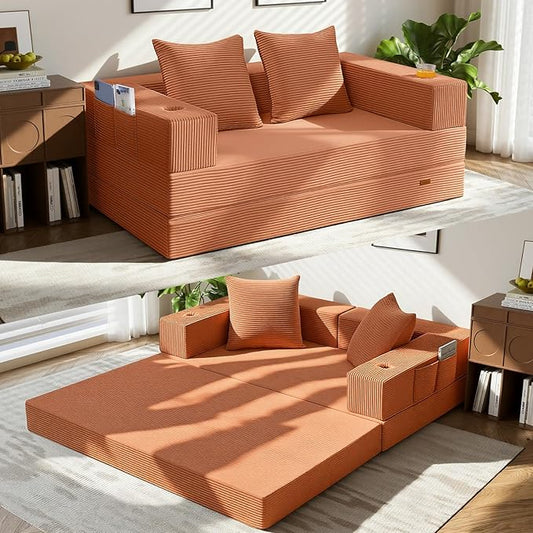 COMAX Futon Sofa Bed, Convertible Sofa Bed, Folding Boneless Couches | Boneless Couch for living room, Fold Out Small Foldable Loveseat Floor Sleeper Mattress Lounge Space‑Saving, Light Orange