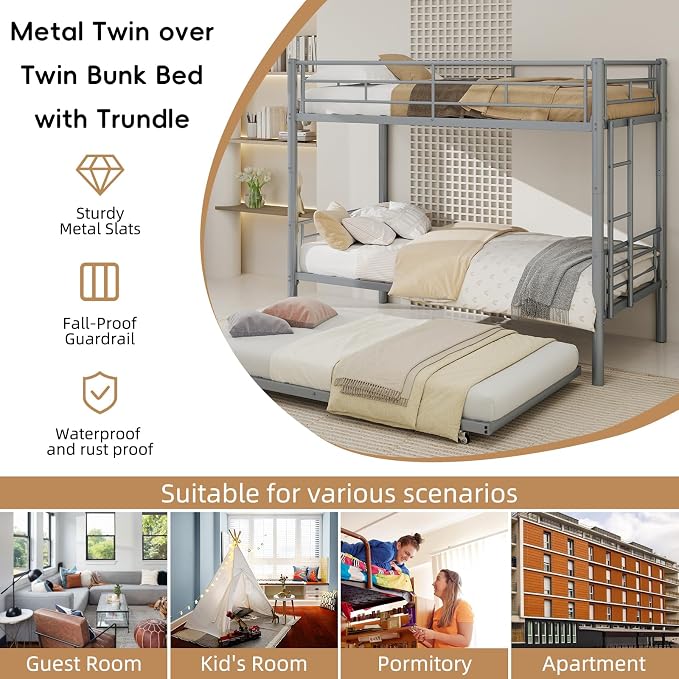 Detachable Bunk Bed Twin over Twin with Trundle, Heavy Duty Triple Bunk Bed Frame for Kids, Teens, Adults, Space Saving 3 Beds with Safety Guardrails & Ladde for Bedroom, Dorm, Noise-Free, Silver