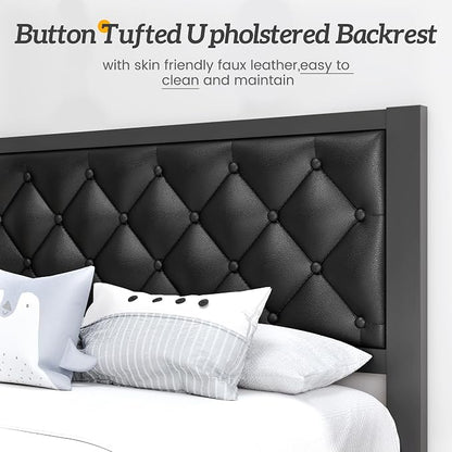 HISOFT Twin Bed Frame with Upholstered Button Tufted Headboard, Bed Frame Platform Metal Slats Support, Under Bed Storage, No Box Spring Needed, Noise-Free, Easy Assembly, Black