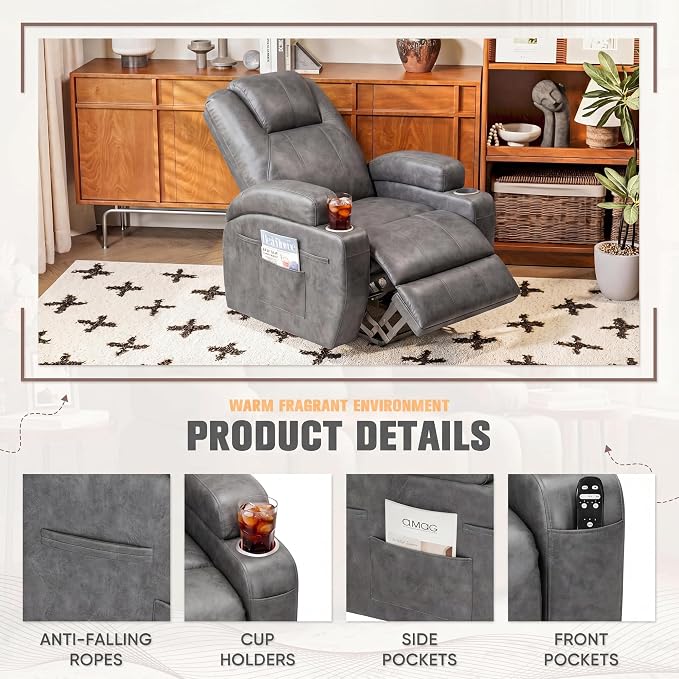 Flamaker Power Lift Recliner Chair Electric Lift Recliner for Elderly Power Lift Recliner Chair with Cup Holders Side Pockets for Living Room (Leathaire, Light Gray)