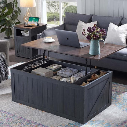 IFGET 48" Lift Top Coffee Table, Farmhouse Cocktai with Sliding Groove Barn Door, Rustic Wood Center Table w/Double Storage Spaces for Living Room, Dark Grey