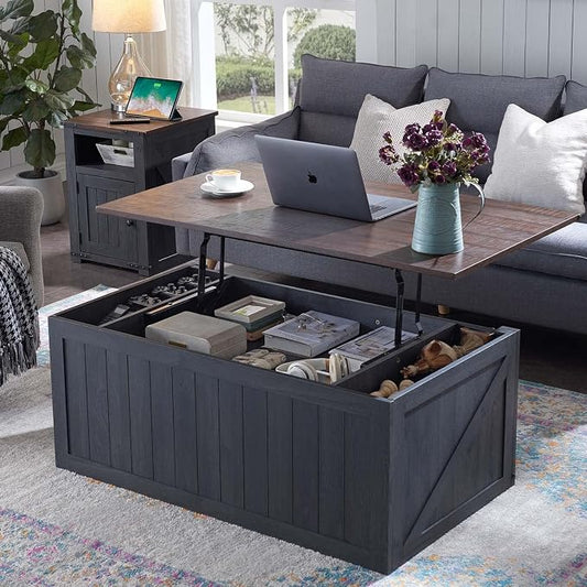 IFGET 48" Lift Top Coffee Table, Farmhouse Cocktai with Sliding Groove Barn Door, Rustic Wood Center Table w/Double Storage Spaces for Living Room, Dark Grey