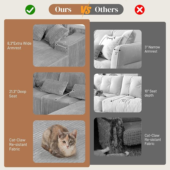 110" L Shaped Cloud Boneless Sectional Couches for Living Room, Modern Comfy Modular Deep Seat Memory Foam Compressed Corduroy Sofa Oversized Right Facing Chaise, No Assembly Required, Grey
