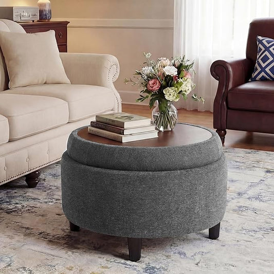 COLAMY Round Hidden Storage Ottoman with Reversible Tray Lid – Multi-Functional Footrest, Sturdy & Stylish Fabric Coffee Table for Living Room, Bedroom, or Entryway, Dark Grey