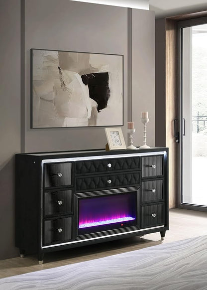 Coaster Home Furnishings - Lorient - Wood and Velvet - 8-Drawer Dresser with Flame Box, LED Lighting, Crystal Knobs and Traditional Style - Bedroom - Black - 223163FB