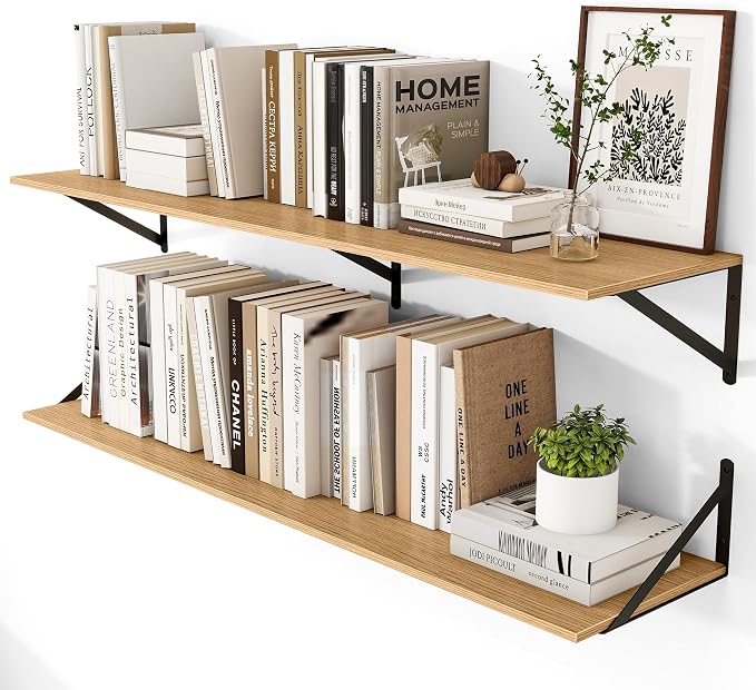 Heimlove 12 Inch Deep Floating Shelves for Wall, 48W x 12D Wood Wall Shelves Set of 2, Rustic Oak Wide Floating Bookshelf for Living Room, Kitchen, Office, Bedroom, with Black Metal Bracke - Oak