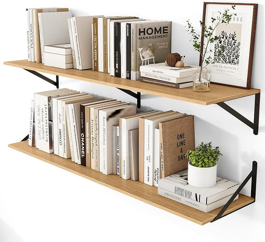 Heimlove 12 Inch Deep Floating Shelves for Wall, 48W x 12D Wood Wall Shelves Set of 2, Rustic Oak Wide Floating Bookshelf for Living Room, Kitchen, Office, Bedroom, with Black Metal Bracke - Oak