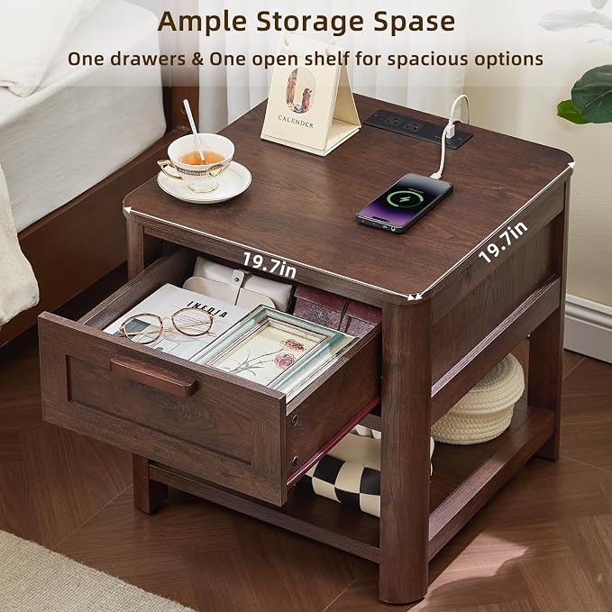 Joaxswe Farmhouse Night Stand with Charging Station, Wood Bed Side Table with Drawer & Open Storage Shelf for Bedroom, Walnut