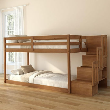 Grain & Grove Bear Twin Over Twin Low Bunk Bed with Staircase, Solid Guardrails, Reversible Stairs, Engineered Wood, Oak Embossed Pecan