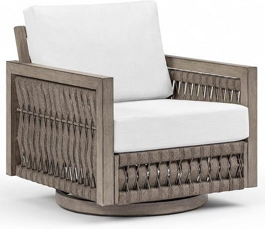 Swivel Patio Chair, Never Rust Aluminum Outdoor Swivel Sofa Chair with Washable Cushions, Rope Weave Patio Sofa Armchair, Deep Seating Outdoor Club Chairs for Garden, Porch, Poolside, Gray Oak