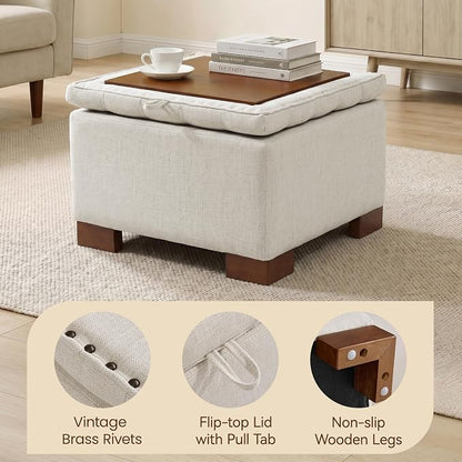 24 Inch Square Storage Ottoman Coffee Table, Modern Tufted Upholstered Ottoman with Flip Tray and Solid Wood Legs, Suitable for Living Rooms, Linen Beige
