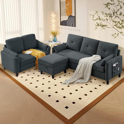 Convertible Sectional Couch Set, 77" L Shaped Sofa with Ottoman and 57" Loveseat, Modern Couches for Living Room, Apartment and Office, Dark Grey